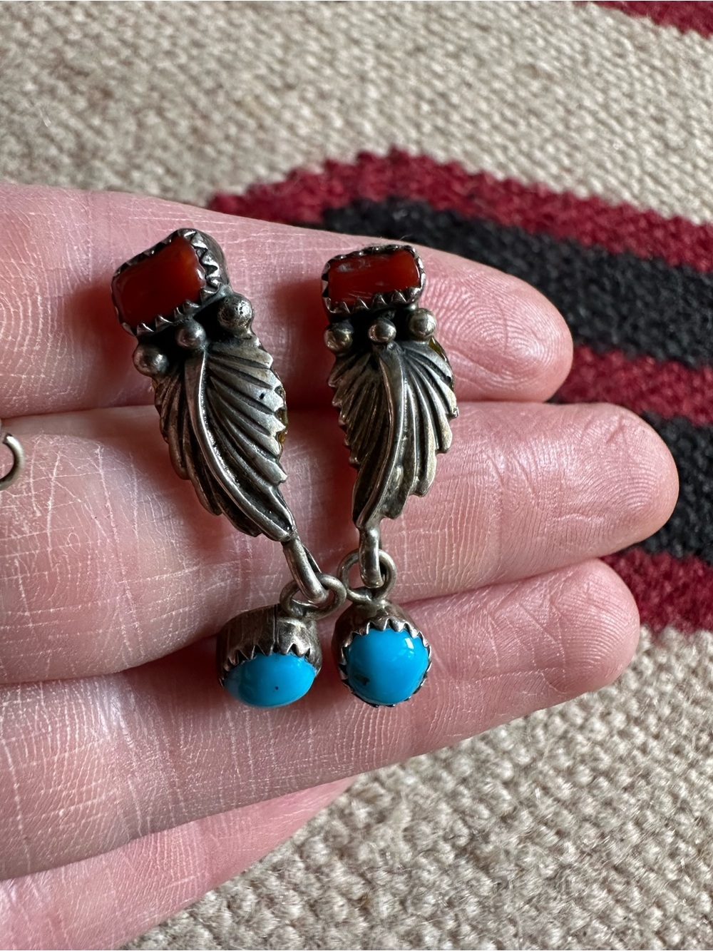 Vintage Native American Turquoise Coral Sterling Earrings And Pendant - Picture 4 of 10